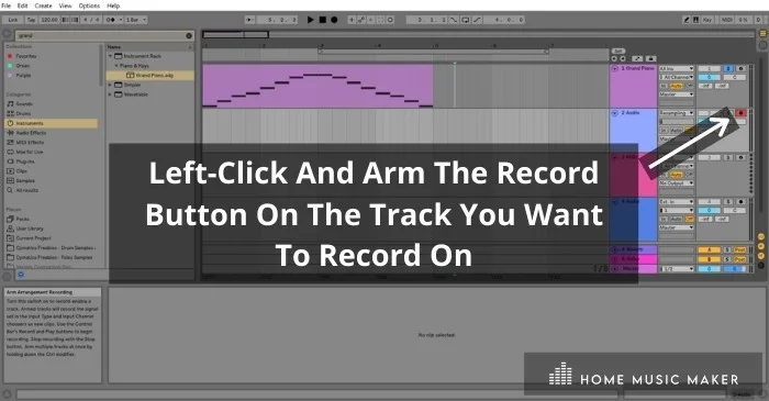 Arm The Audio Track For Recording - Left-click the Arm Arrangement Recording button on the top right of the audio track (the one you want to record onto) to prepare it for recording. Once you click it, it will turn red.