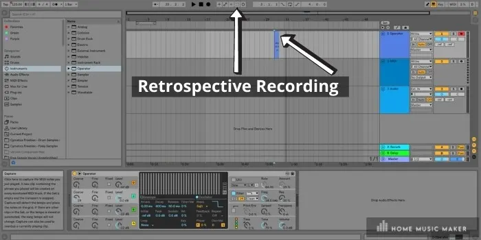 Retrospective recording - If you hit the square button, you will notice that a midi clip will appear on the track you were playing the instrument. It only records a few bars, but usually, this is all you need to recreate your masterpiece.
