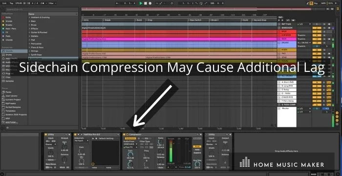  Sidechain Compression May Cause Additional Lag - If you've got Ableton set up with an expansive sidechain compression setup, it's going to use lots of processing power, so that's something to considers before throwing a sidechain on every channel.
