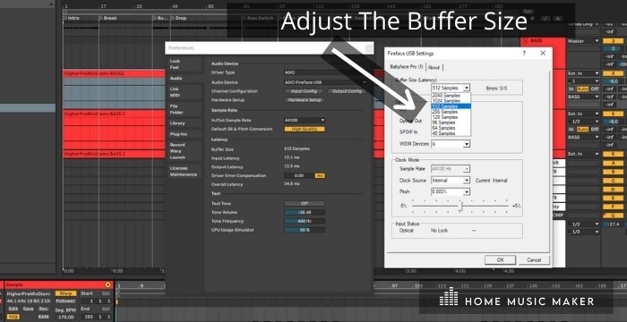 Adjust The Buffer Size - The most common values are 128/256/512/1024MB, with 1024 being the default in Ableton. It's best to experiment with different settings until you find what works for your setup