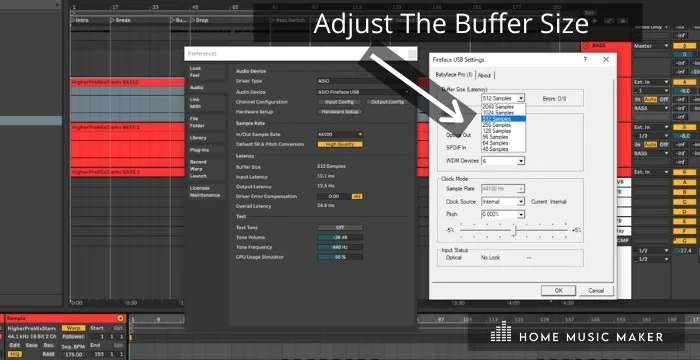Adjust The Buffer Size - The most common values are 128/256/512/1024MB, with 1024 being the default in Ableton. It's best to experiment with different settings until you find what works for your setup