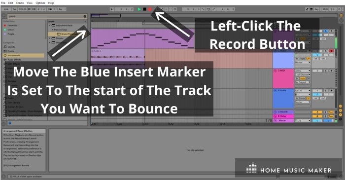 Record The Audio - Make sure that the Arrangement Insert Marker (the blue line) is set to the start of the track you want to bounce, Then hit record.