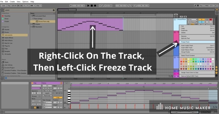 Freezing Tracks - In arrangement view, right-click on the selected track that you want to bounce to audio, and you will see the option to 'Freeze Track.' Left-click on Freeze Track.