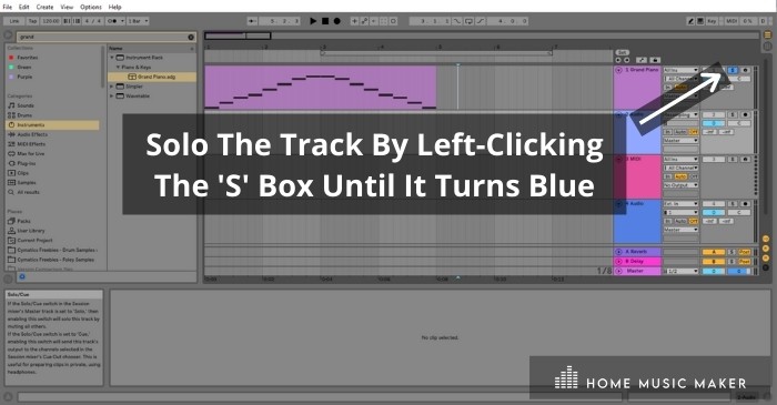 Solo The Track You Want To Bounce - You will see here that I have left-clicked the 'S' box on the track I would like to bounce. It turns blue when you click it.