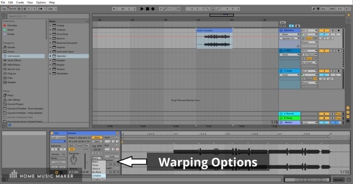 Warping - The idea is that you can warp samples to match the tempo of your project. However, Ableton has provided different algorithmic options for doing this.