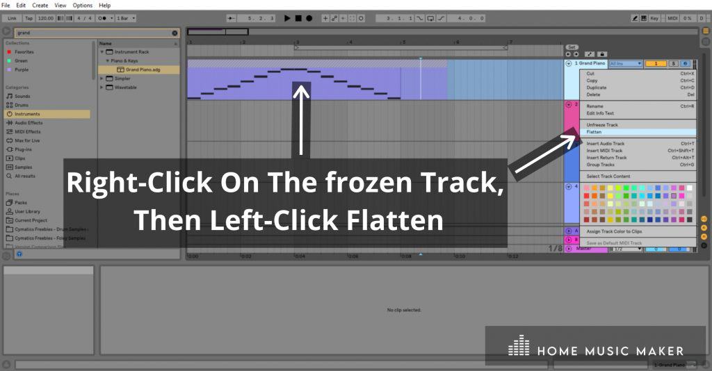 Flatten Track - To commit to bouncing your track to audio, right-click the frozen track and left-click 'Flatten.