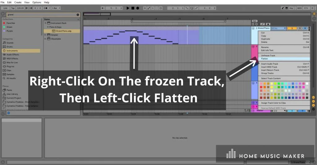 Flatten Track - To commit to bouncing your track to audio, right-click the frozen track and left-click 'Flatten.