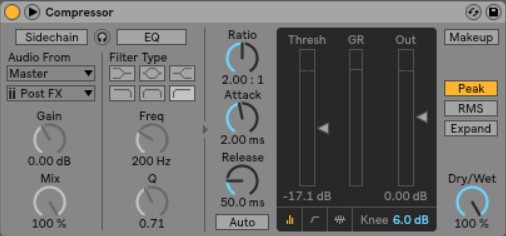 Ableton's stock compressor can handle your signal-squashing, loudness-boosting, sidechaining needs.