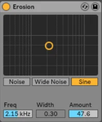 Ableton Erosion - Erosion is Ableton's take on a bit crusher. It takes an audio signal and 'degrades' the sound by modulating a short delay with a sine wave or white noise.