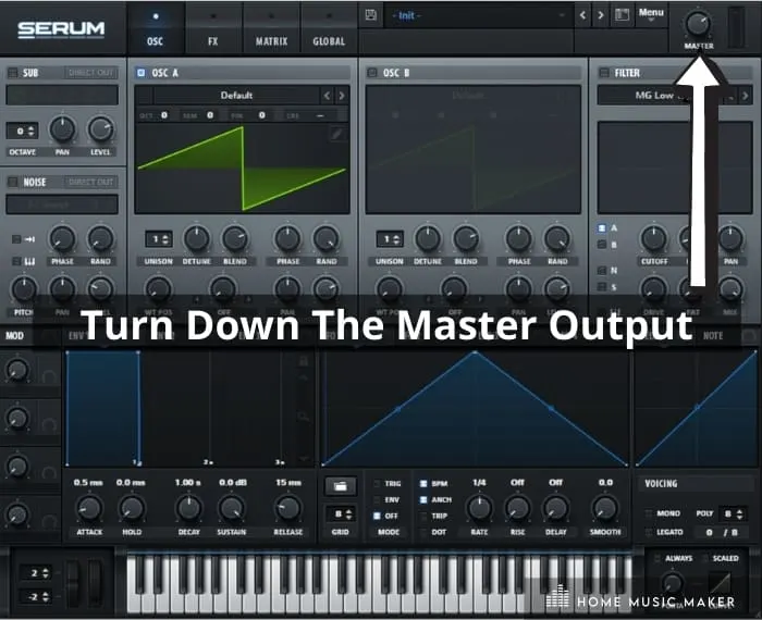 Step 3 - Turn down the master output -  turning down the master output or ‘out’ knob on the virtual instrument.