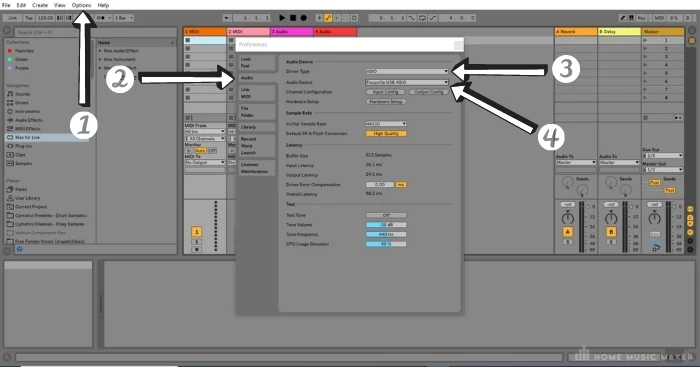 Set Up The Interface In Ableton Live -  In Ableton Live go to Options > Preferences > Audio.