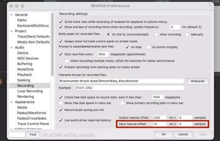 REAPER Latency Input Offset Value