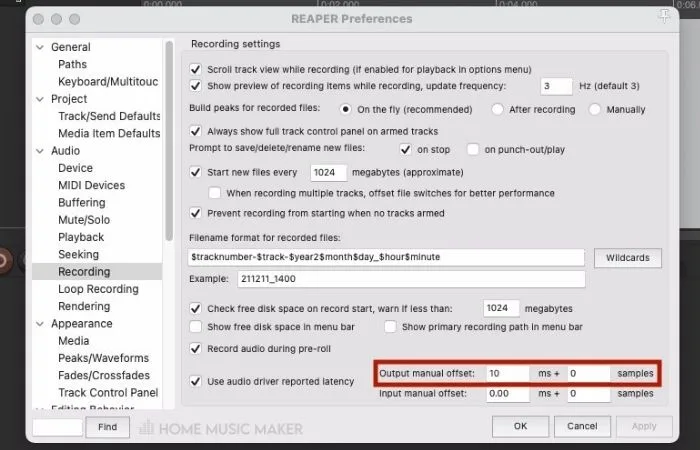 REAPER Latency Output Offset Value