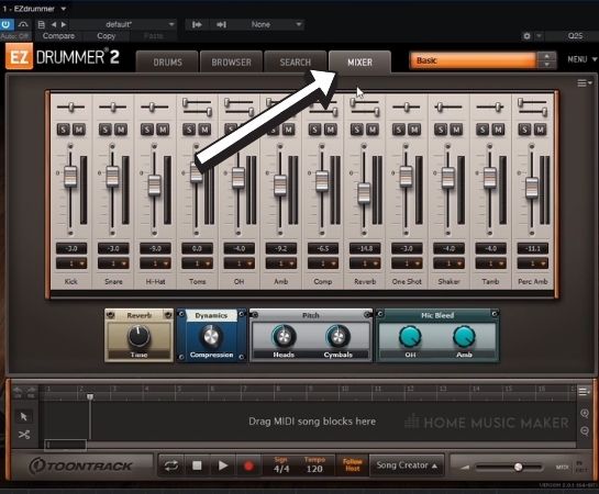 Ezdrummer In Studio One Mixer Tab