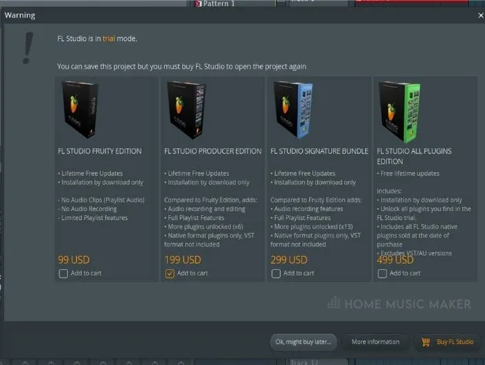 FL Studio trial mode unable to open projects 