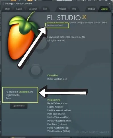 Check FL Studio Registration In The About Section