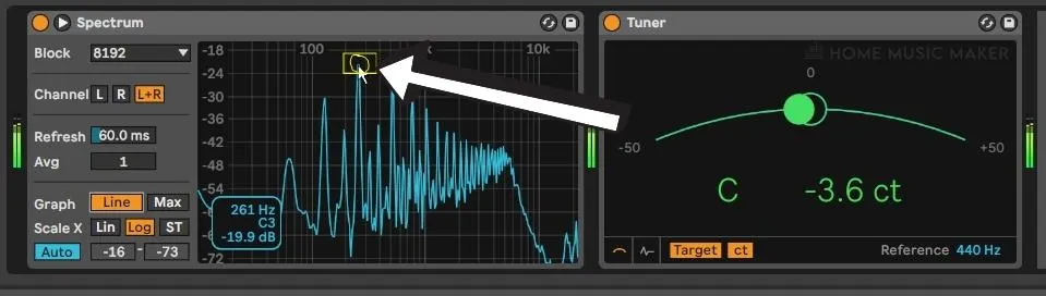 Ableton Tuner and Spectrum Analyzer Fundamental Frequency