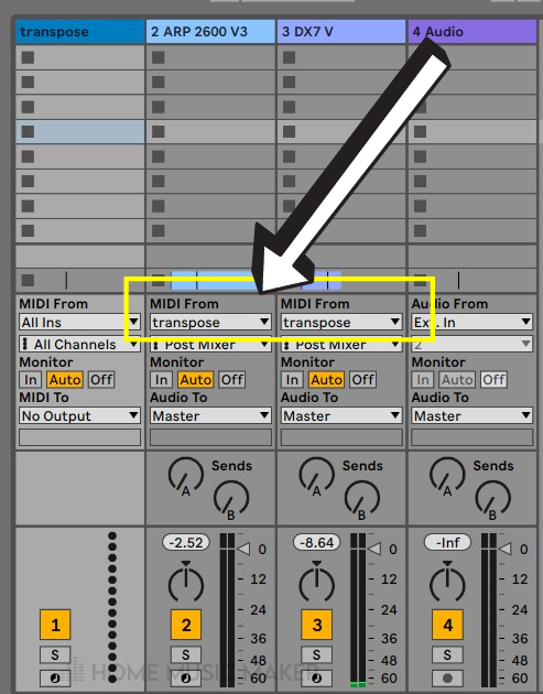 Change the MIDI Inputs for each of your other tracks to Transpose