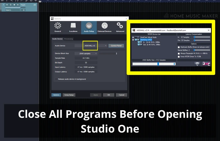 Close all programs before opening Studio one