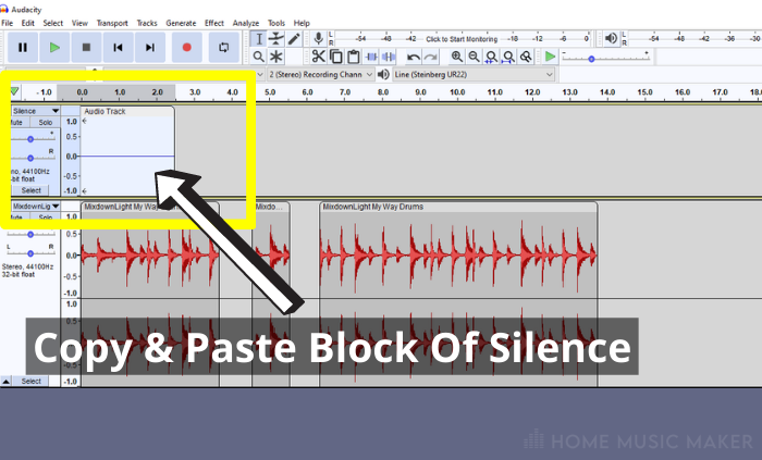 Copy and Paste a block of silence in Audacity 
