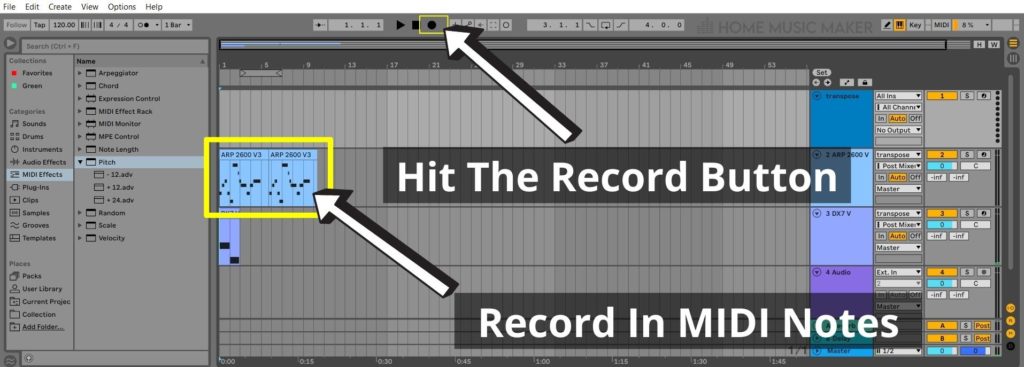 Hit the record button and records MIDI notes