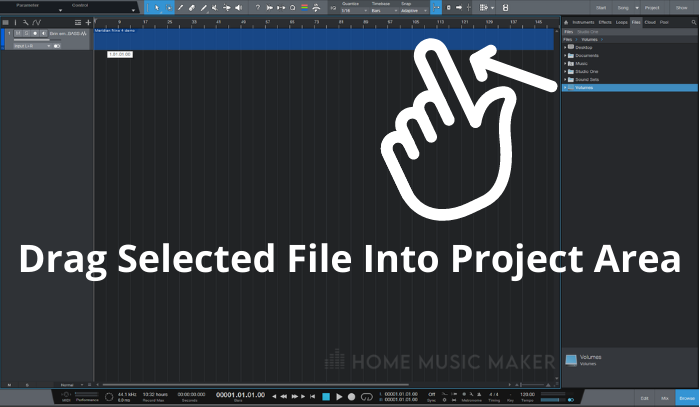 Studio One MP3 Import Drag Selected File Into Project Area