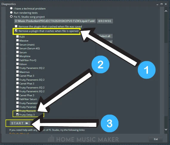 FL Studio Diagnostics select and remove plugin 