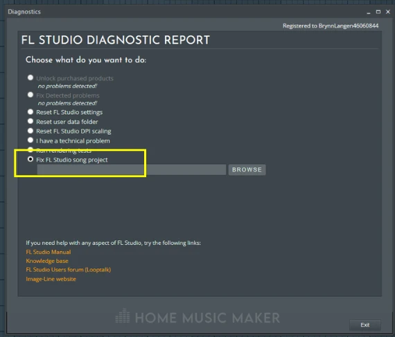 FL Studio Diagnostics Select Which Task To Run