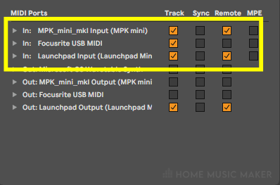 Ableton MIDI Ports Section