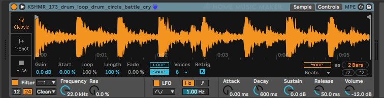 Ableton Screenshot of Simpler with a sample