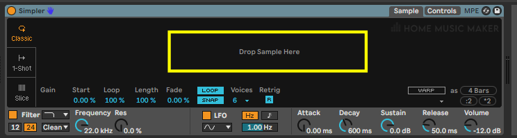 Ableton Screenshot of Simpler without a sample