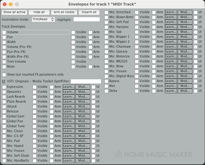 REAPER Track Envolopes Menu