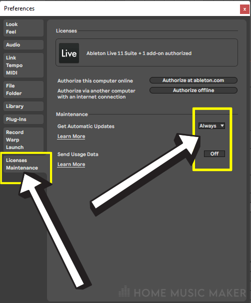 Ableton Preferences Under the tab LicencesMaintenance you can turn off automatic updates and block the ability to send usage data