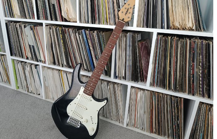 Electric Guitar with Record Background