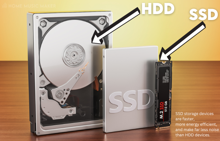 SSD storage devices are faster more energy efficient and make far less noise than HDD devices.