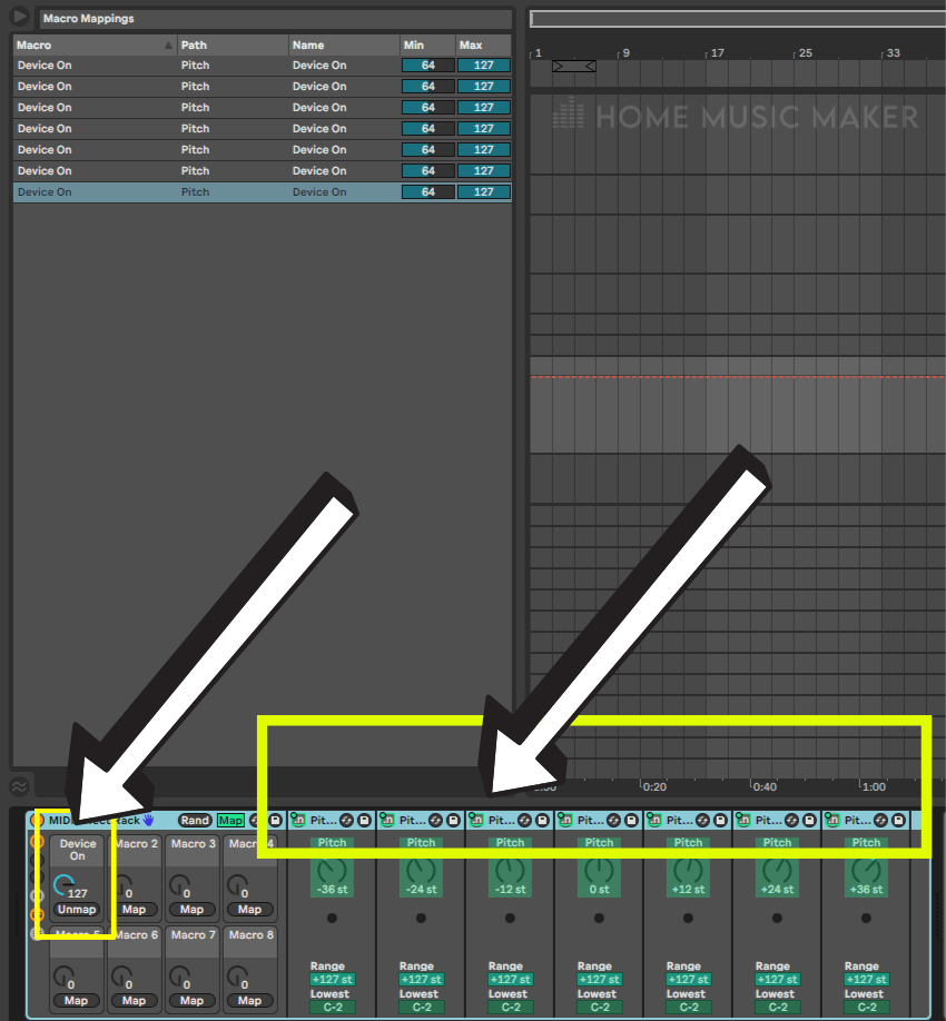 Set the onoff buttons on each pitch effect to Macro 1
