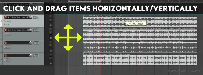 Click and drag items horizontally and vertically 