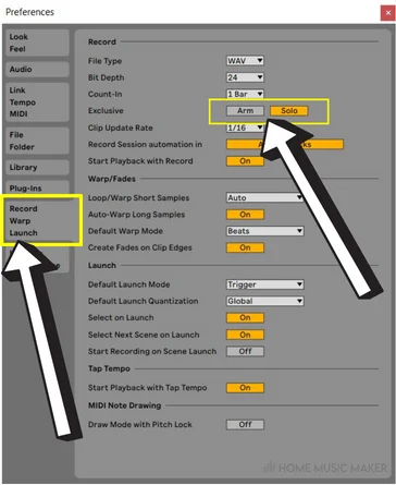 In Ableton Live Preferences Menu Select Exclusive Arm