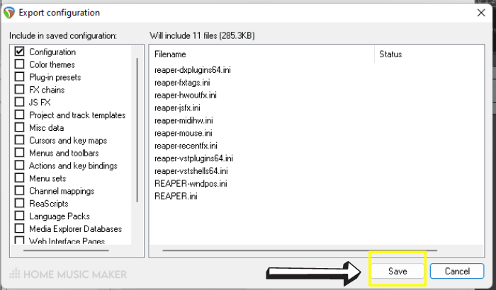 Export Configuration Window 1