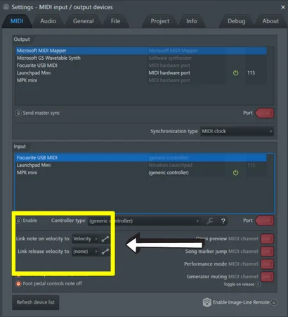 Settings Window In The MIDI Section