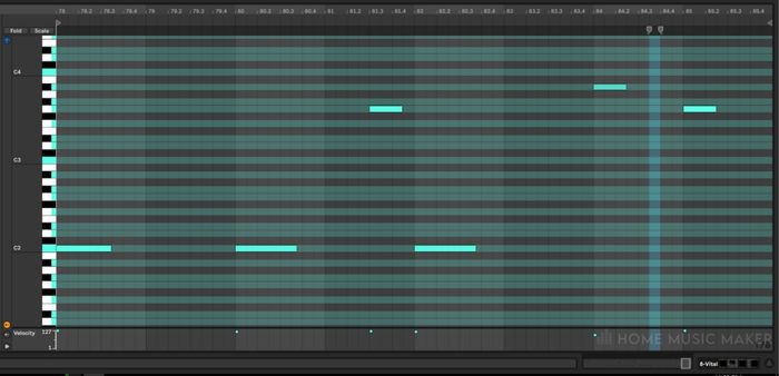Piano roll showing the bassline