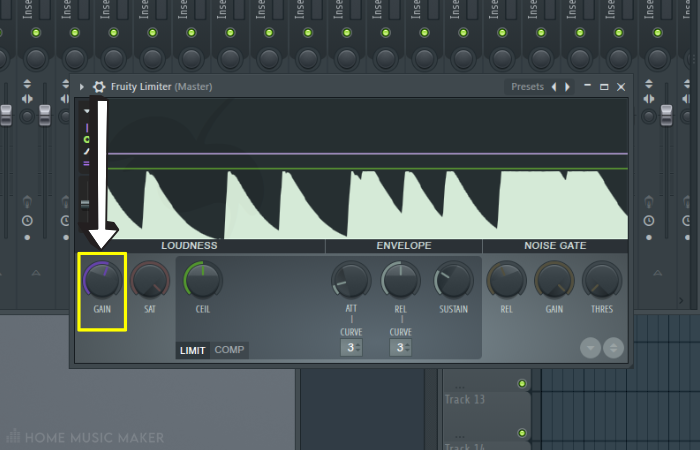 Adjusting the gain on the Fruity Limiter