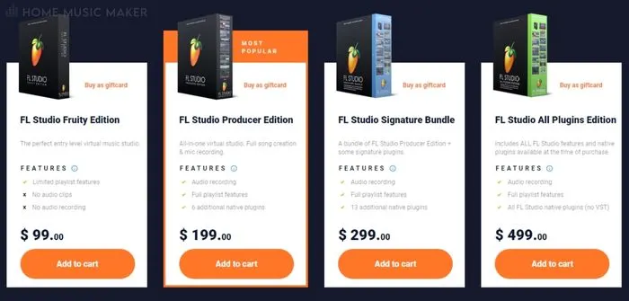 Different FL Studio options with prices