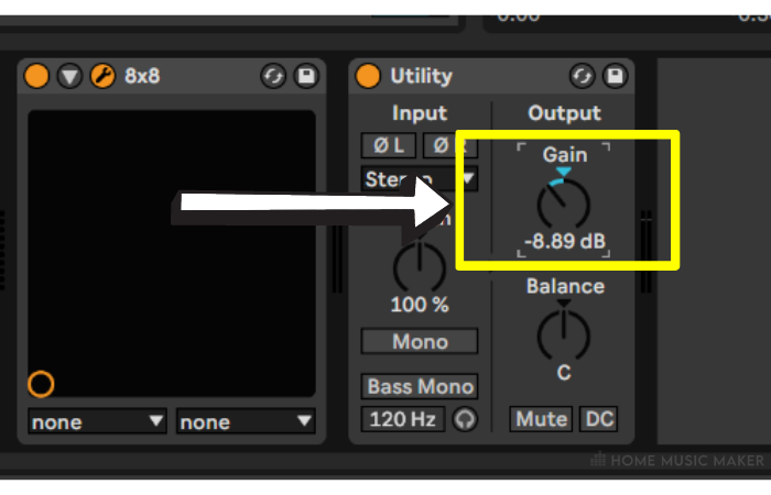 Showing a decrease in gain using the utility effect on Ableton