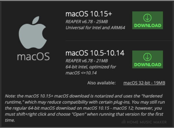 MacOS Download Page For REAPER